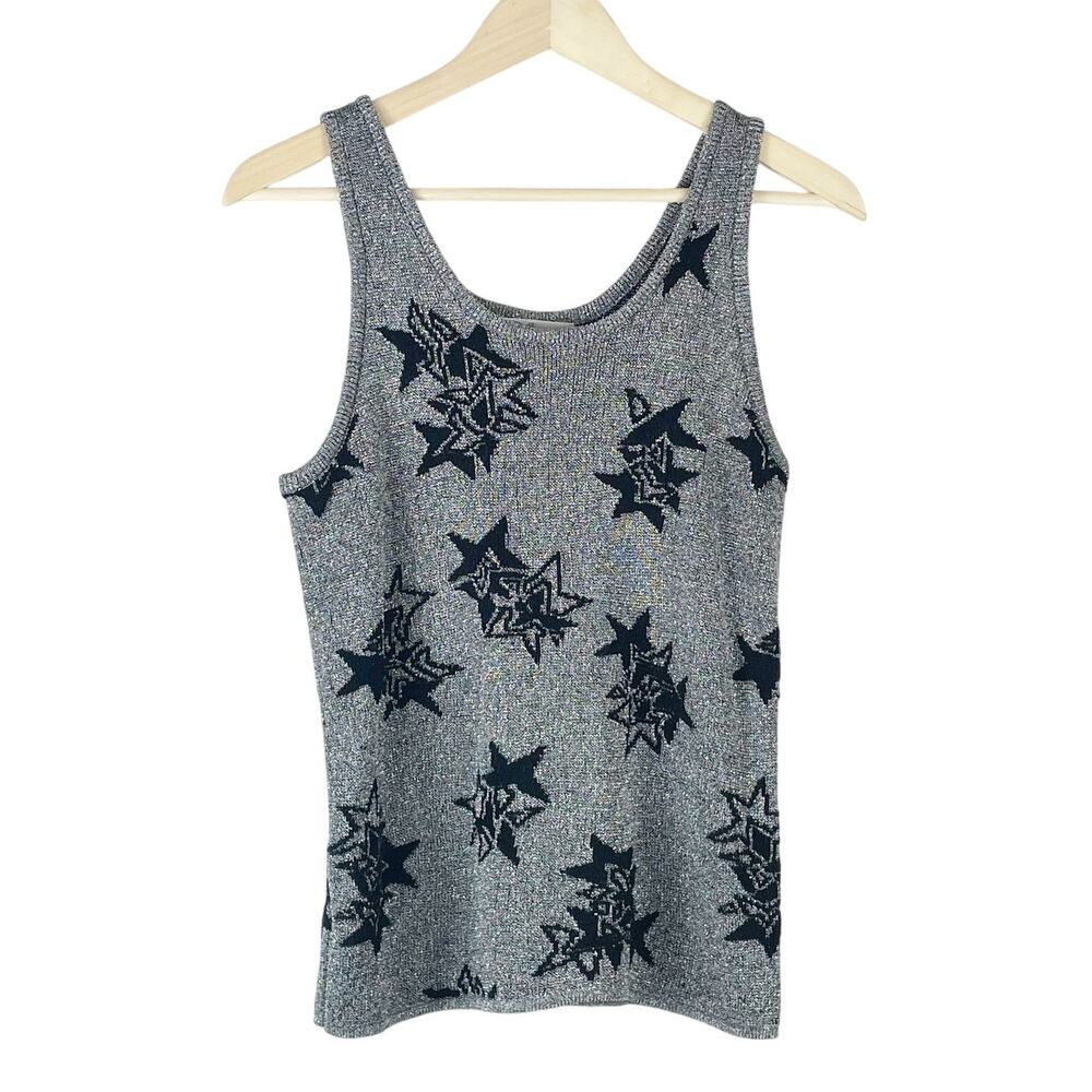 Vintage 90s Women's Silver Metallic Knit Tank Top Black Star Print Size M Goth